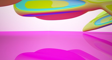 Abstract smooth architectural white interior with color gradient of a minimalist house with large windows. 3D illustration and rendering.