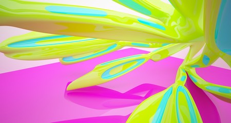 Abstract smooth architectural white interior with color gradient of a minimalist house with large windows. 3D illustration and rendering.