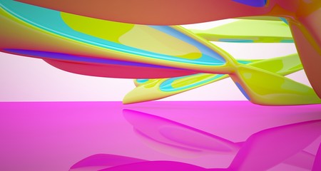 Abstract smooth architectural white interior with color gradient of a minimalist house with large windows. 3D illustration and rendering.