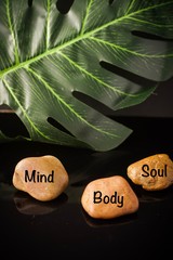 Obraz na płótnie Canvas Zen Concept: Mind, Body and Soul wordings on stones against black background 