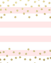 Minimalist invitation design with gold glitter circles and pink stripes.