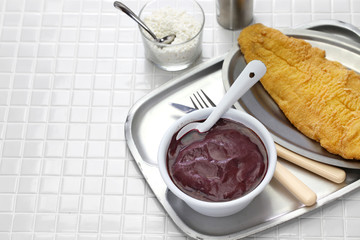 acai and fried catfish, brazilian food from amazon basin