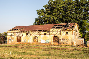 Facade of the old and abandoned Lacio District train station in Marilia municipality, midwest region of Sao Paulo state