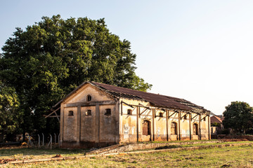 Facade of the old and abandoned Lacio District train station in Marilia municipality, midwest region of Sao Paulo state