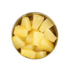 Tin with delicious sweet canned pineapple on white background, top view