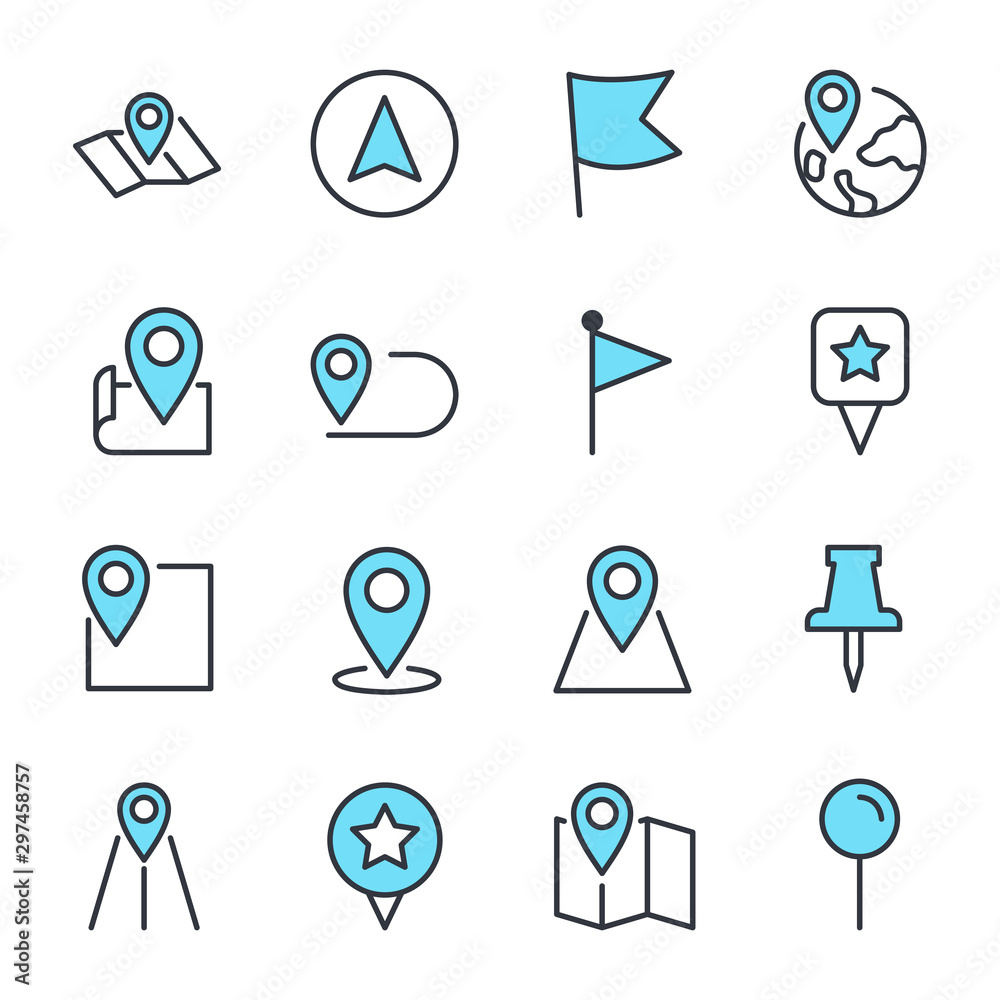Poster Map pins related vector icon set sign isolated on white background. Pin Map, Office Location and more symbol vector illustration for graphic and web design. 