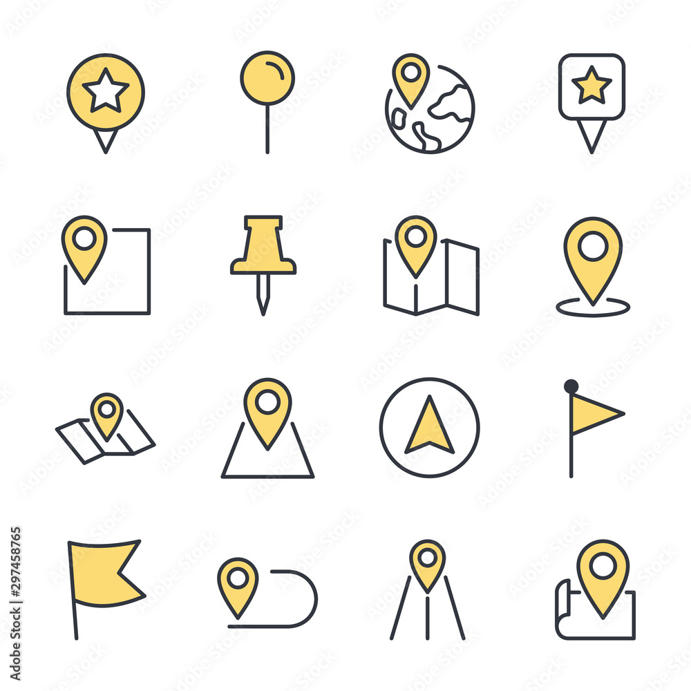 Poster Map pins related vector icon set sign isolated on white background. Pin Map, Office Location and more symbol vector illustration for graphic and web design. 