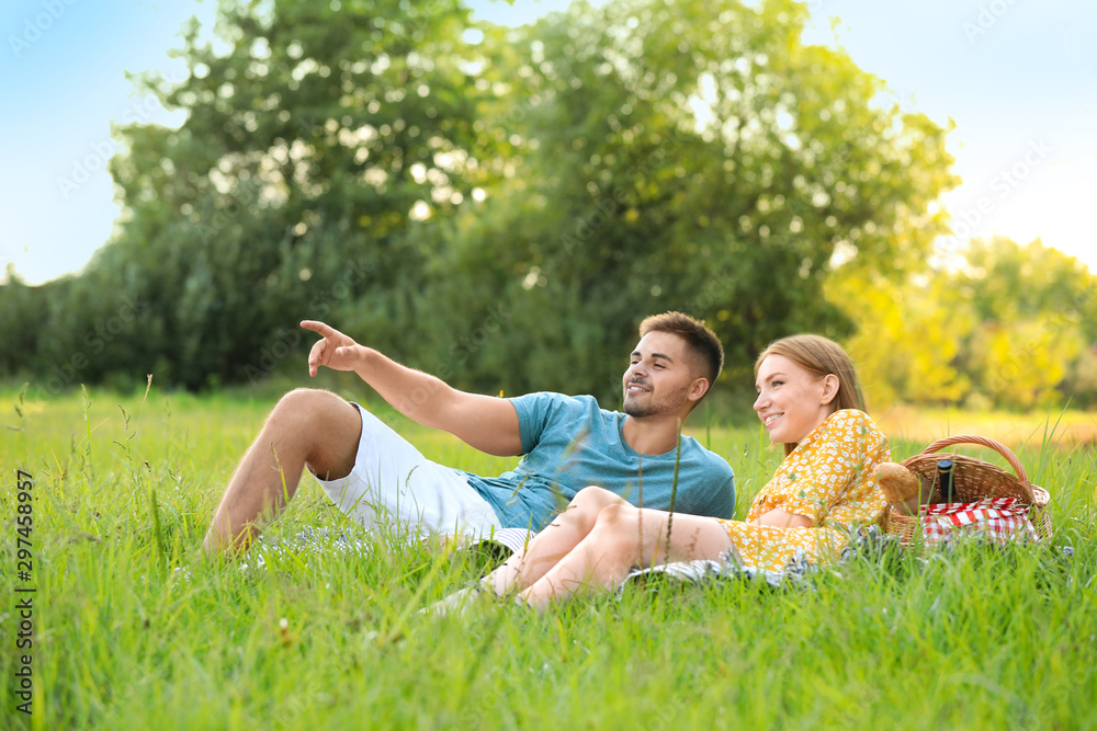 Wall mural Happy young couple having picnic on green grass in park