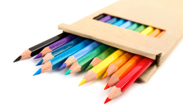 Box of color pencils on white background