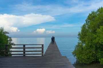 Wood jetty and beautiful blue sea at Laem Phak Bia Environmental Study and Development Project in Phetchaburi,Thailand