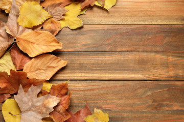 Flat lay composition with autumn leaves on wooden background. Space for text