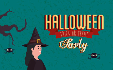 poster of party halloween with woman disguised of witch vector illustration design