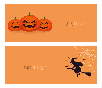 set of poster with pumpkins and witch flying in broom vector illustration design