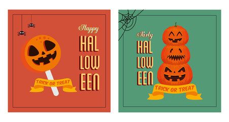set poster of party halloween with pumpkins and candy vector illustration design
