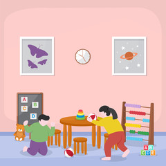 Kids Children Learning by Playing Education Toys Kindergarten Flat Illustration