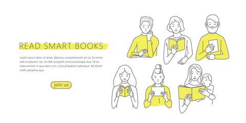 Vector illustration of a people reading a book in a trendy minimalistic style. Banner, flyer or landing page template. World book day or international literacy day.