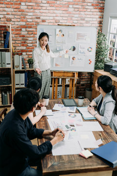 Top View Of Business Audience Team People Brainstorming At Group Meeting. Lady Leader Standing And Point At White Board Information Charts While Asking And Listening Opinion Colleage In Board Room