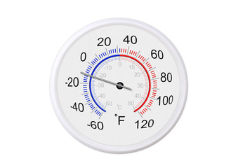 Fahrenheit and celsius scale white round thermometer for measuring weather temperature.  Thermometer isolated on white background. Ambient temperature minus 10 degrees fahrenheit