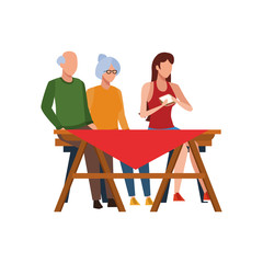 old couple and woman on picnic table icon, flat design