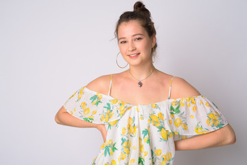 Obraz premium Portrait of happy young beautiful woman smiling