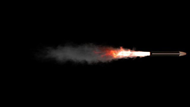 Animated simple missile or warhead or ballistic missile spitting bright flame and dark smoke as if flying through low altitude at high speed burning liquid or solid fuel. Black background, mask includ