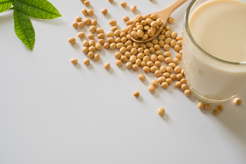 Soy milk and soy bean it on white table background,healthy concept. Benefits of Soy.