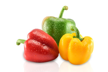 Closeup  fresh  Red, Yellow, Green, bell pepper or sweet pepper or capsicum  isolate have drop of water on  white background with clipping path ,raw food ingredient concept.