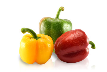 Closeup  fresh  Red, Yellow, Green, bell pepper or sweet pepper or capsicum  isolate have drop of water on  white background with clipping path ,raw food ingredient concept.