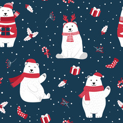 Christmas seamless pattern with polar bear background, Winter pattern with holly berry, wrapping paper, pattern fills, winter greetings, web page background, Christmas and New Year greeting cards