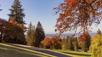 Fall view from Burnaby Mountain Park across Greater Vancouver to Gulf Islands