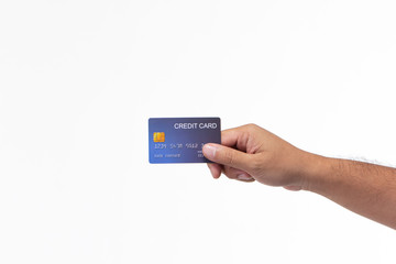 and holding credit card isolated on white background.(fake credit card)