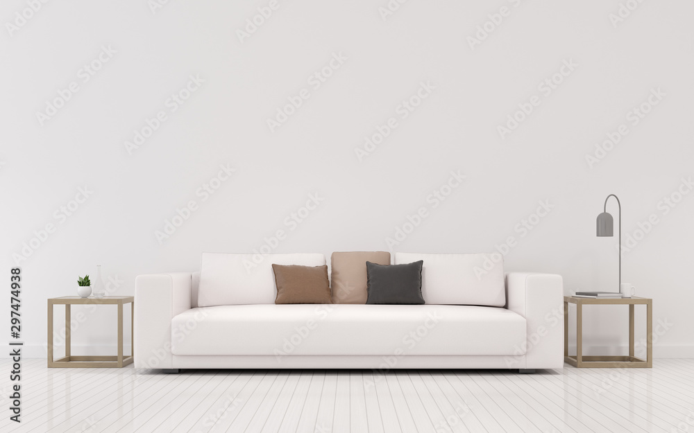 Poster view of white living room in minimal style with sofa and small side table on laminate floor.perspect