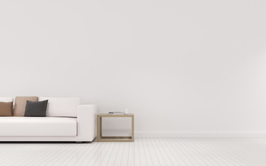 View of white living room in minimal style with sofa and small side table on laminate floor.Perspective of interior design. 3d rendering.	