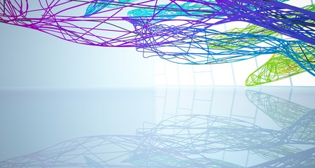 Abstract wire smooth architectural white interior with color gradient and black  with large windows. 3D illustration and rendering.