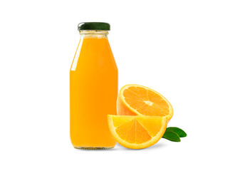 Fresh Orange juice  in bottle and orange slice isolated on white