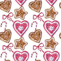 Cakes, hearts, ribbons and Christmas elements isolated on a white background. Endless texture, pattern. Greeting card, decoration for Christmas, pattern for fabric.