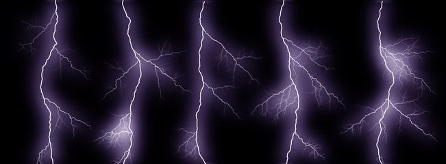 Five thunder lightning bolts isolated on black background