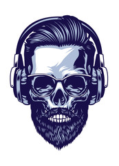 skull of bearded hipster wearing headphone