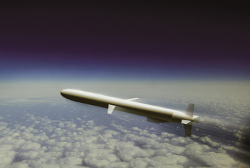 Naklejka na ściany i meble Military cruise missile flies over the clouds. 3d illustration.