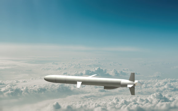 Military cruise missile flies over the clouds. 3d illustration.