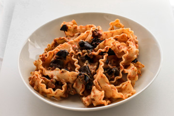 Italian Cuisine Reginette Pasta with Eggplant and Tomato Sauce Still Life Photo