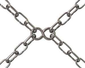 Steel infinity symbol in chains 3d illustration