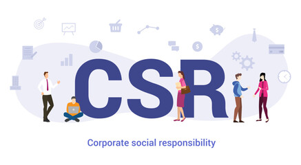 csr corporate social responsibility concept with big word or text and team people with modern flat style - vector