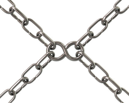 Steel infinity symbol in chains 3d illustration