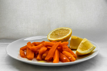 Italian Cuisine Boiled Vegetables Broccoli Boiled Carrots Boiled Lemon Pictures Still Life