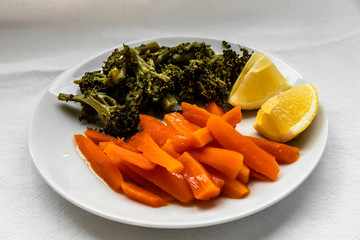 Italian Cuisine Boiled Vegetables Broccoli Boiled Carrots Boiled Lemon Pictures Still Life