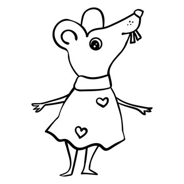 Rodent girl in a dress. Cartoon style, vector. Coloring page, Coloring book. Contour.