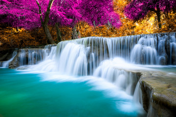 Amazing in nature, beautiful waterfall at colorful autumn forest in fall season