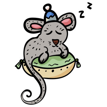 A rodent in a cap and on a pillow, a cute animal resting. Sweet Dreams. - Vector. Vector illustration