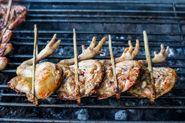 Grilled Skewer chicken and leg of chicken stick thai style barbeque on stove